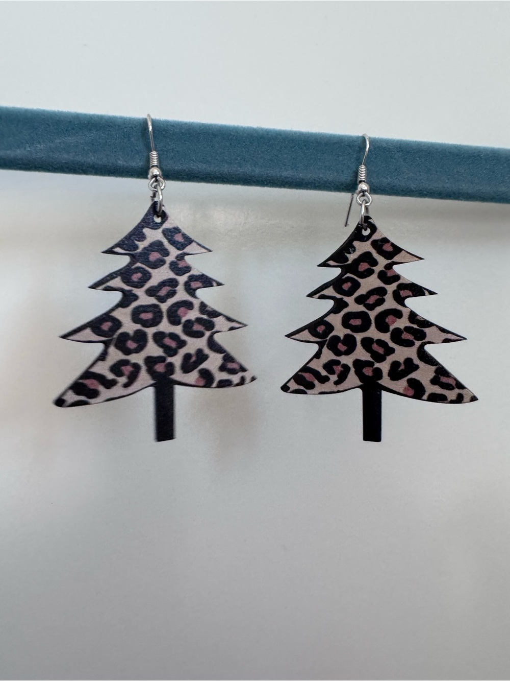 Leopard Print Christmas Tree Dangle Earrings - Pink & Black